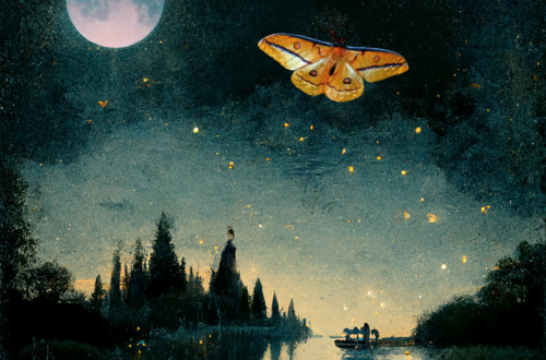 A yellow butterfly against a night scene
