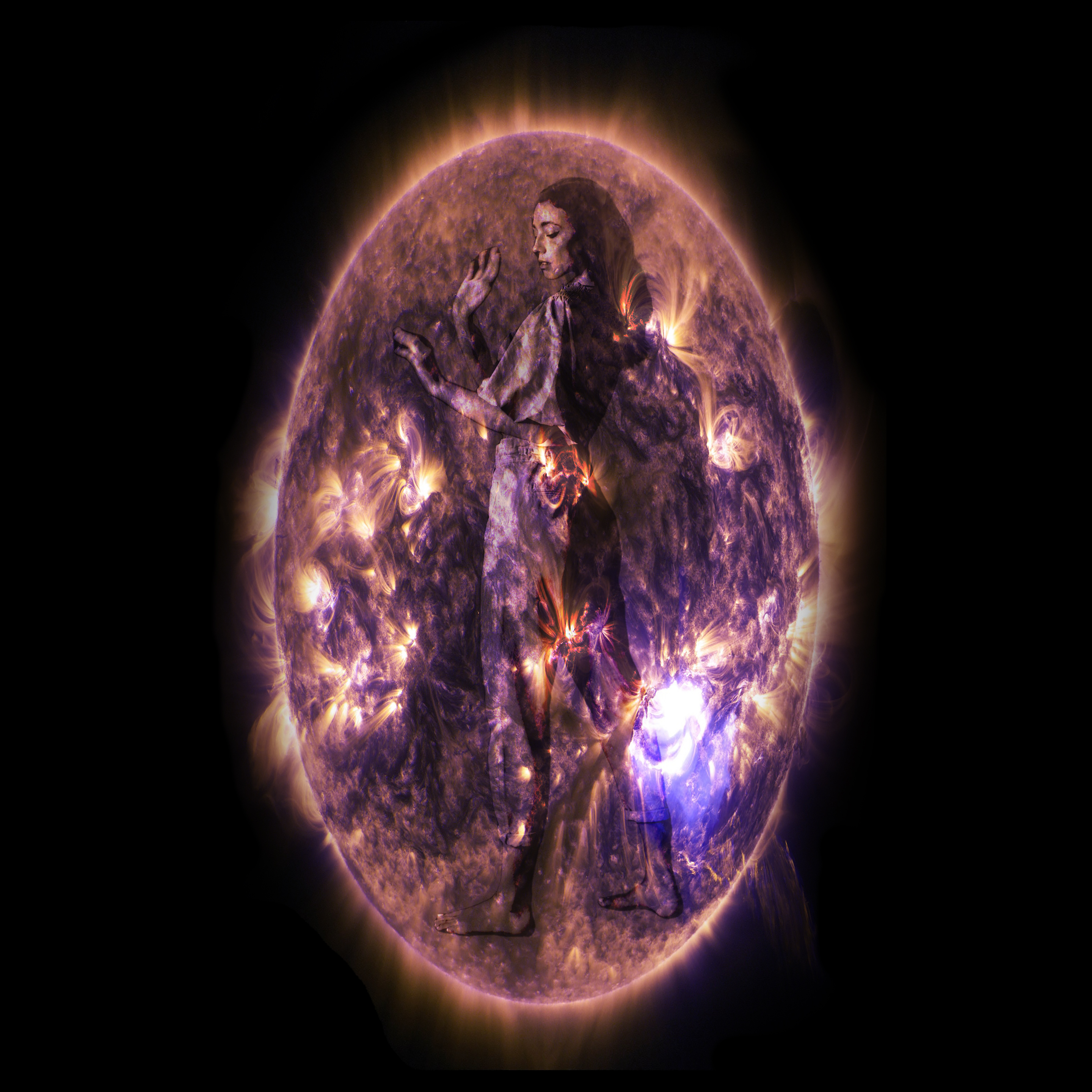 Artist's impression of a woman's luminous cocoon.