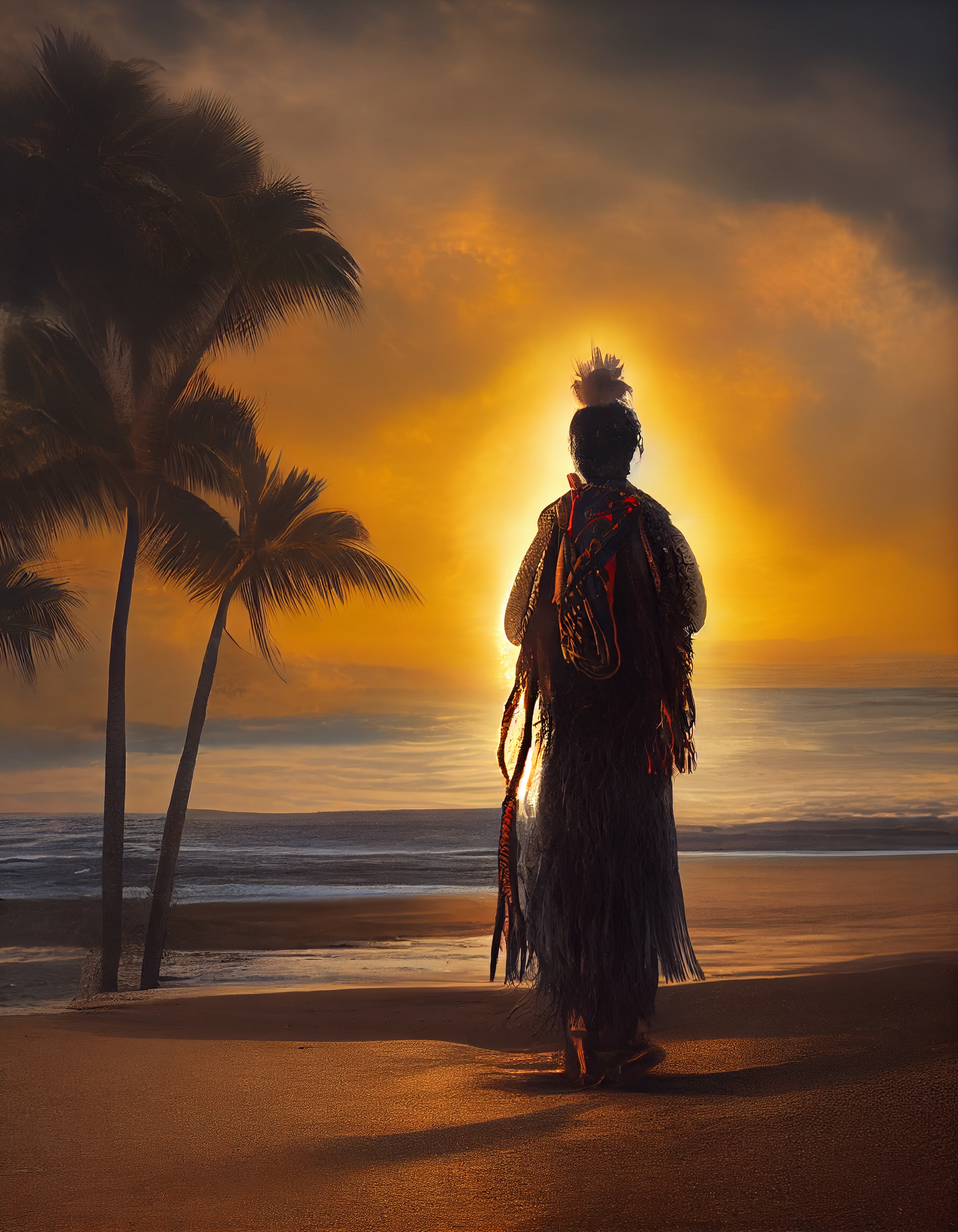 A Hawaiian Kahuna facing the morning sun