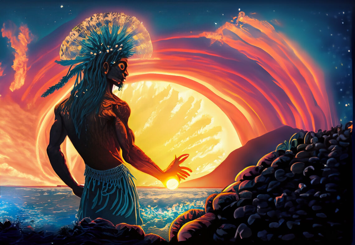 A native kahuna at sunset contemplating the beauty of the universe.