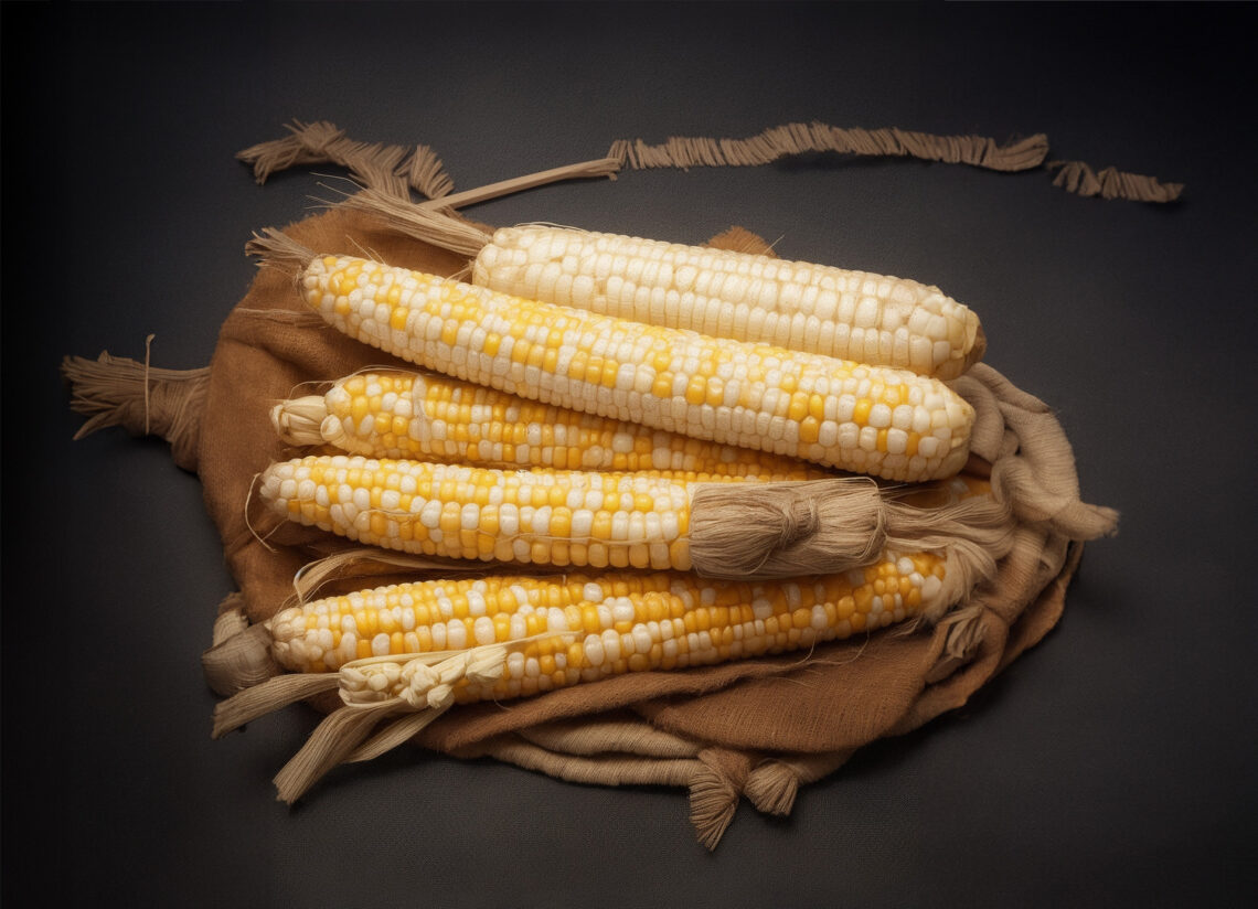 A basket of maize photographed in a studio as a still-life.