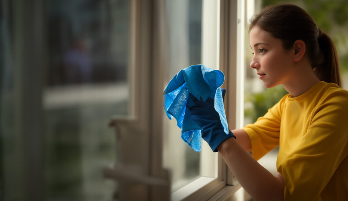 A woman cleaning a window.