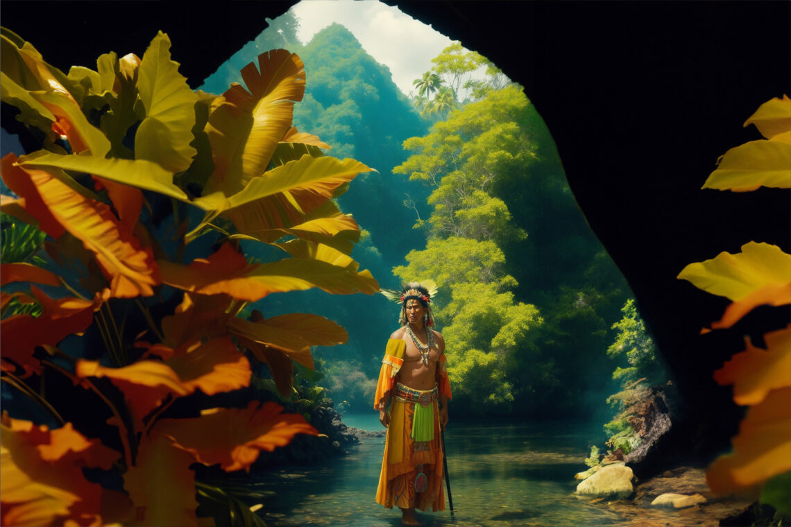 A Hawaiian Kahuna in a watery glade. Image made from a cave's entrance.