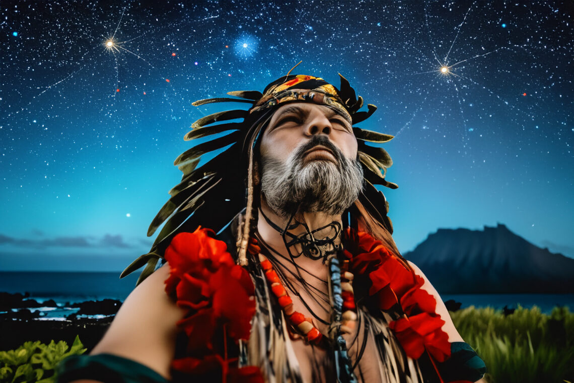 A native Hawaiian Kahuna under the night sky.