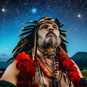 A native Hawaiian Kahuna under the night sky.