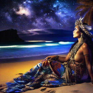 Artist's impression of a kahuna seated on a Hawaiian Beach