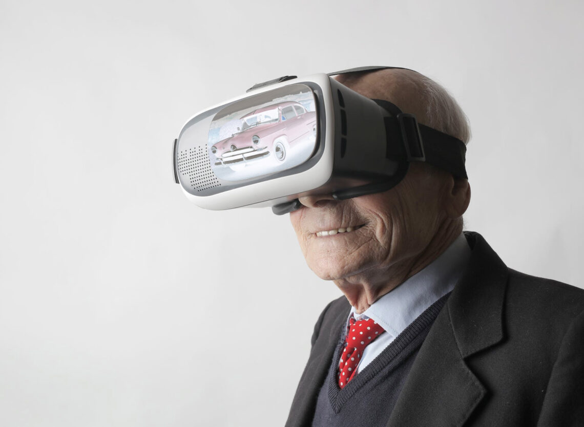 A man wearing a simulated reality headset.