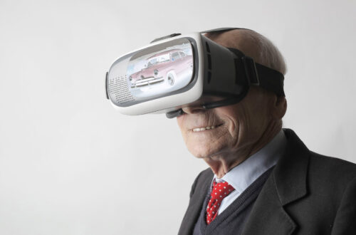 A man wearing a simulated reality headset.