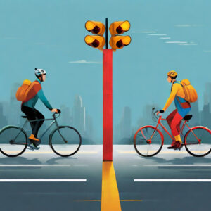 Two cyclists approaching traffic lights